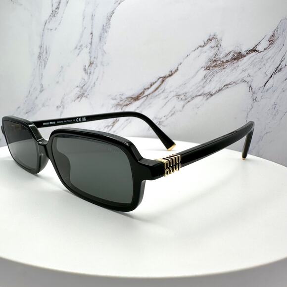 MIU MIU Sunglasses New Black Square Rectangle Acetate Gold Metal Logo Authentic - Picture 3 of 16